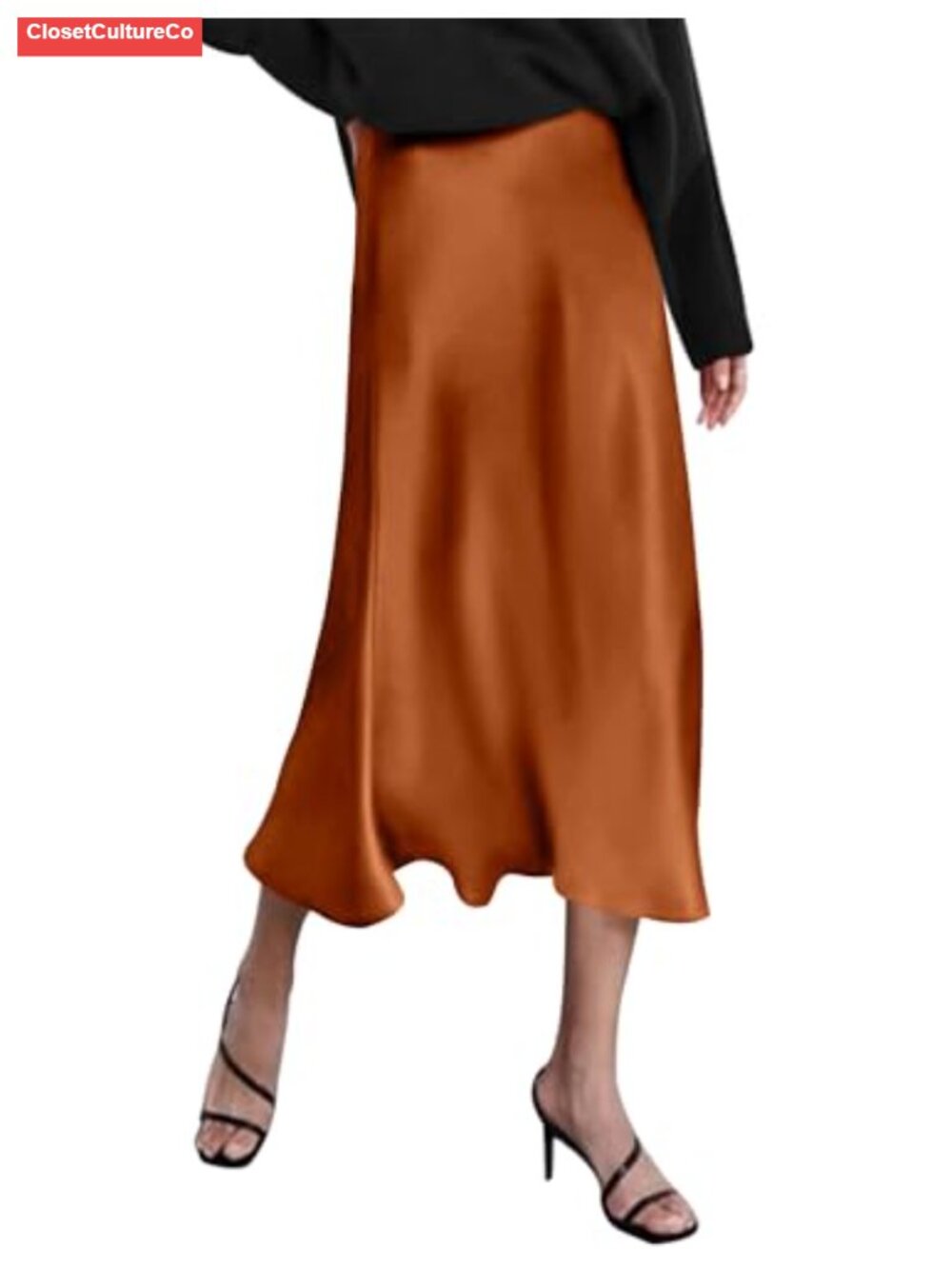 Satin Midi Skirt High Waisted A-Line Zipper Elegant Work Skirt